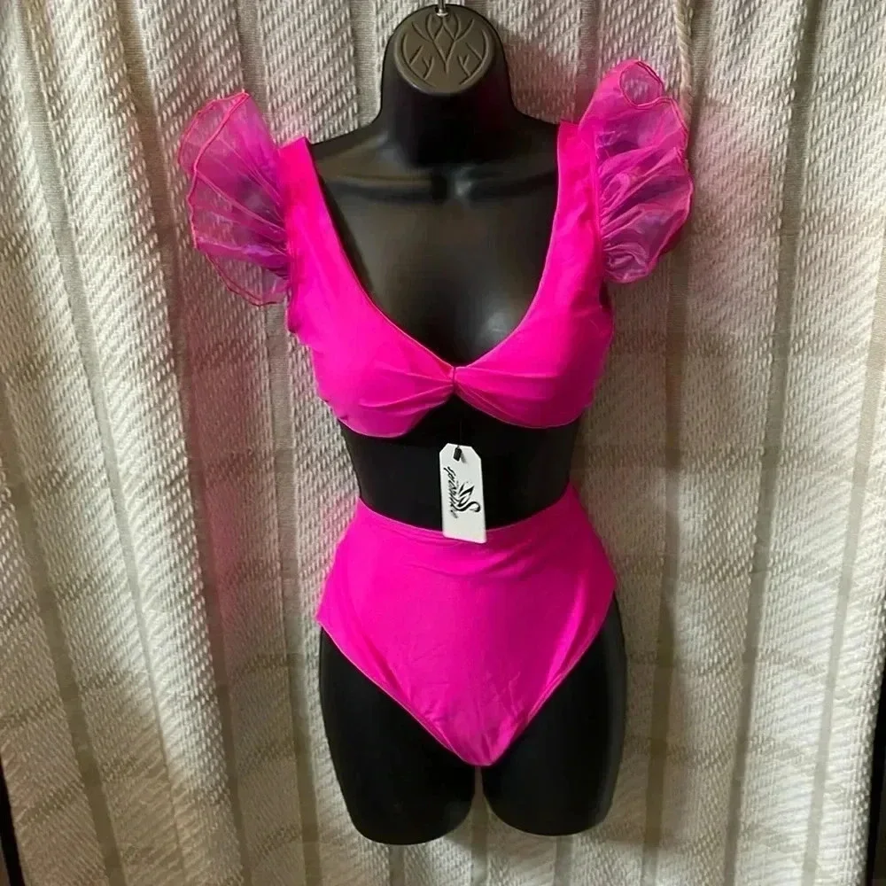 SPORLIKE High Waisted Swimsuit Organza Ruffle Bikini Twist Front Bathing Suit